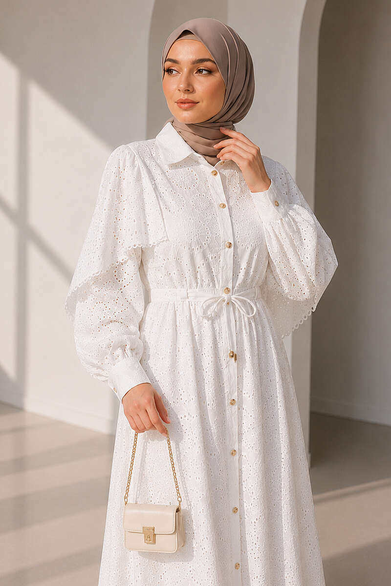 Embroidered Dress with Gold Buttons and Drawstring Waist - White