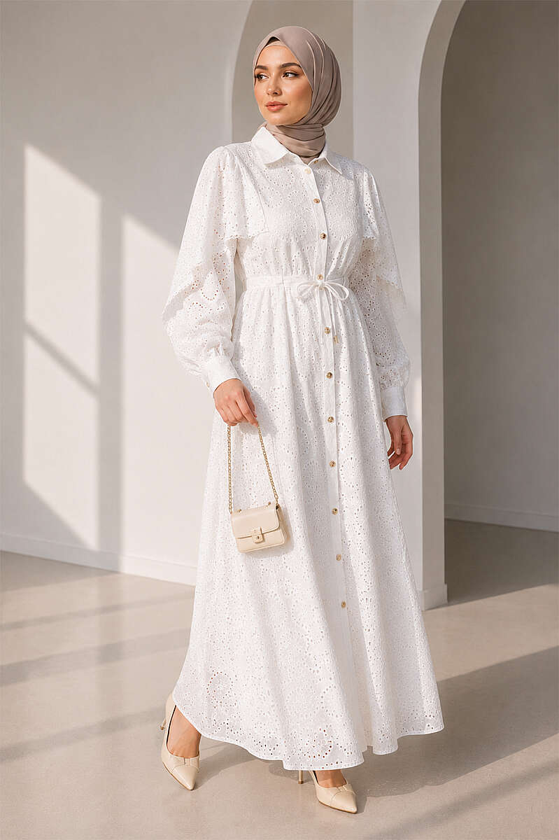 Embroidered Dress with Gold Buttons and Drawstring Waist - White