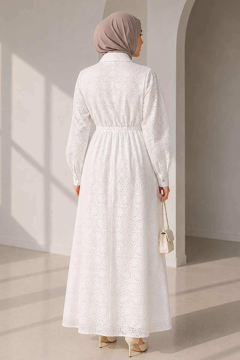 Embroidered Dress with Gold Buttons and Drawstring Waist - White