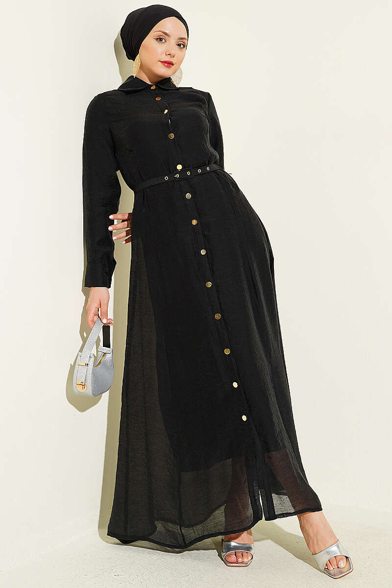 Belted Button-Through Dress with Gold Buttons - Black