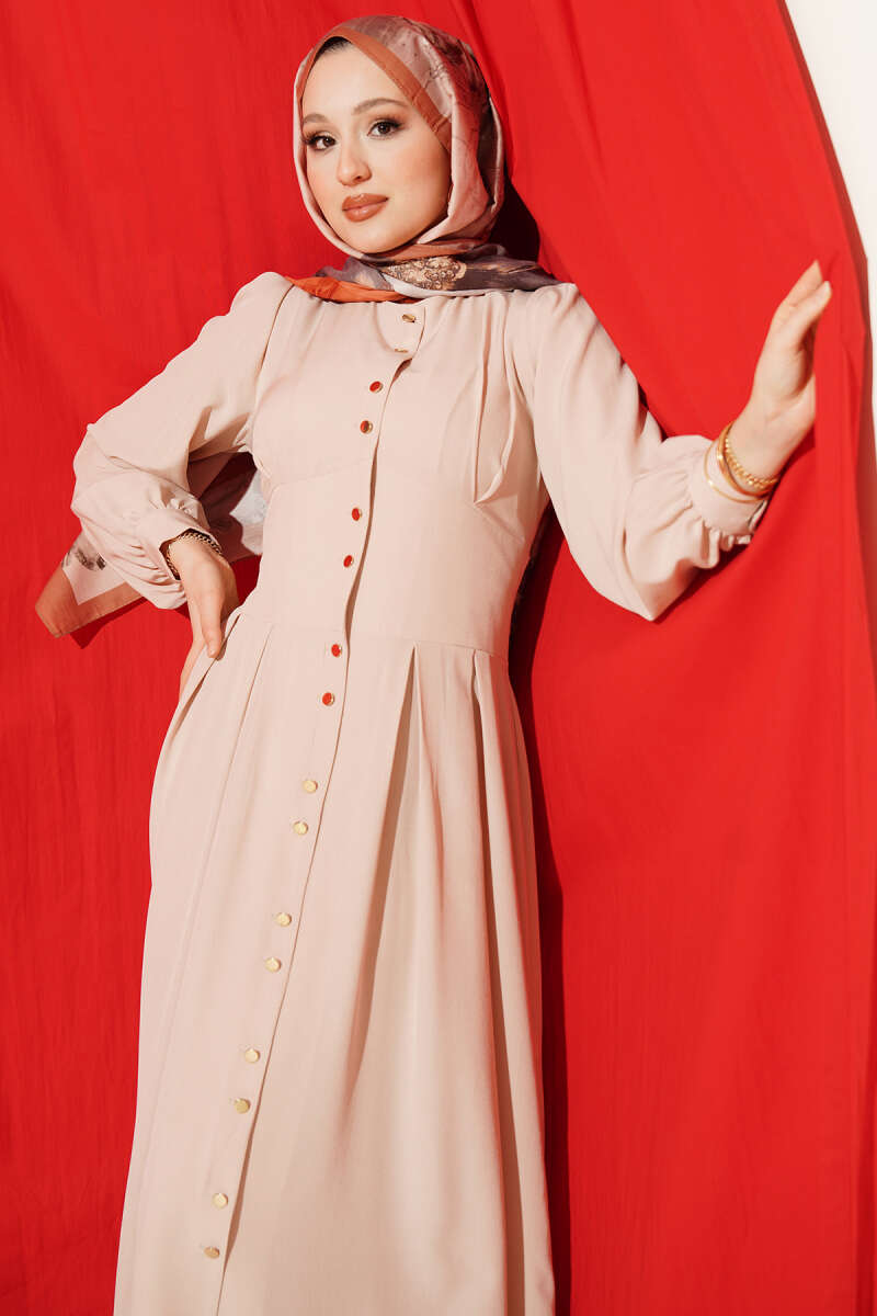 Button-Through Dart Dress with Gold Buttons - Beige