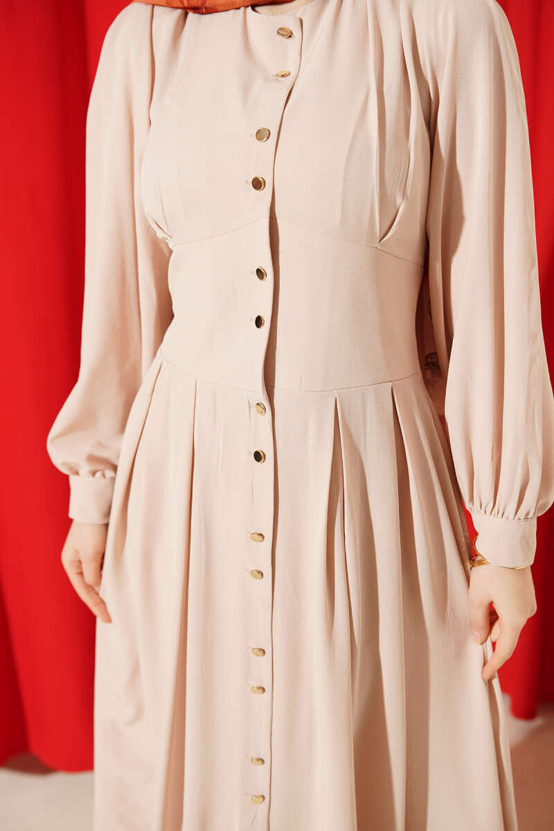 Button-Through Dart Dress with Gold Buttons - Beige