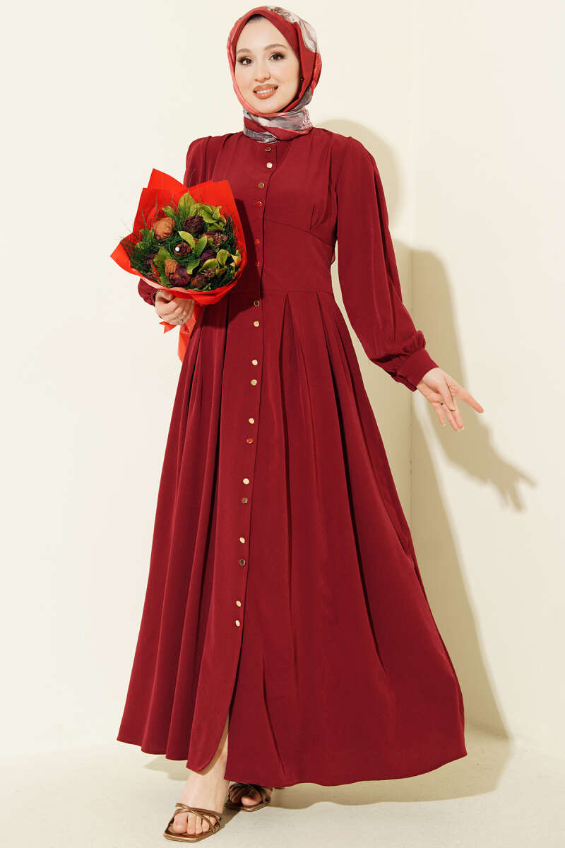 Button-Through Dart Dress with Gold Buttons - Burgundy