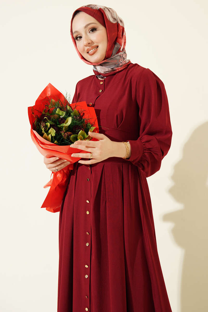 Button-Through Dart Dress with Gold Buttons - Burgundy