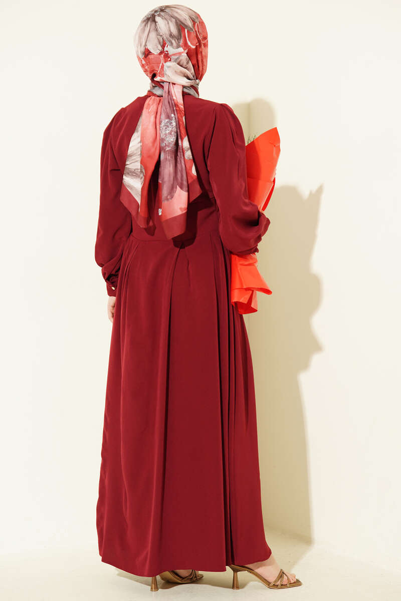 Button-Through Dart Dress with Gold Buttons - Burgundy