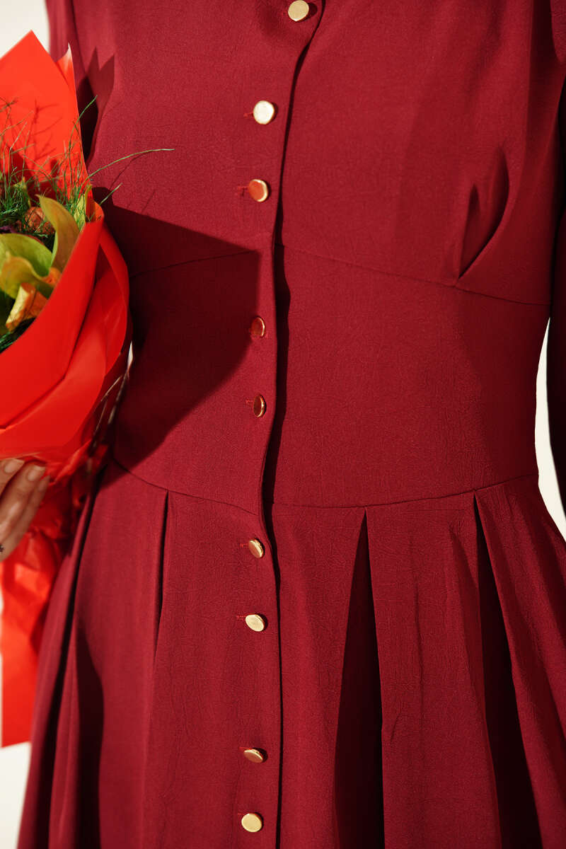 Button-Through Dart Dress with Gold Buttons - Burgundy