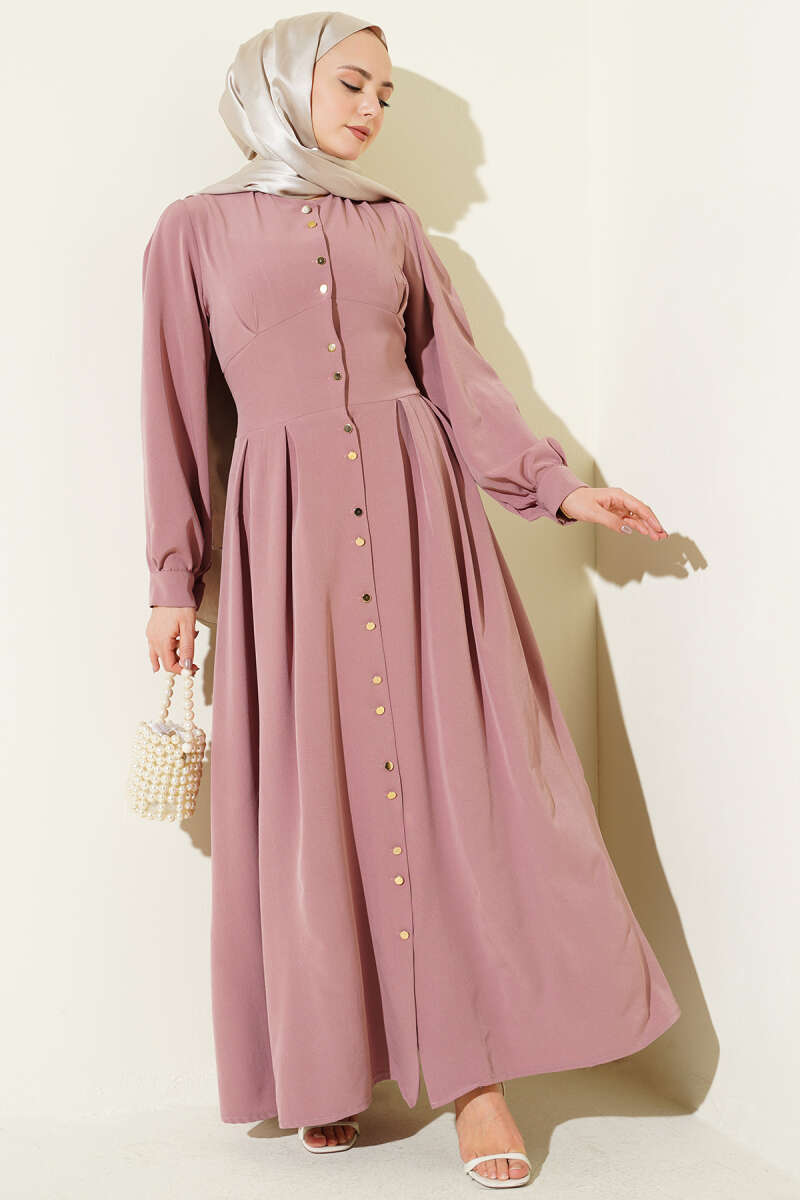 Button-Through Dart Dress with Gold Buttons - Dusty Rose