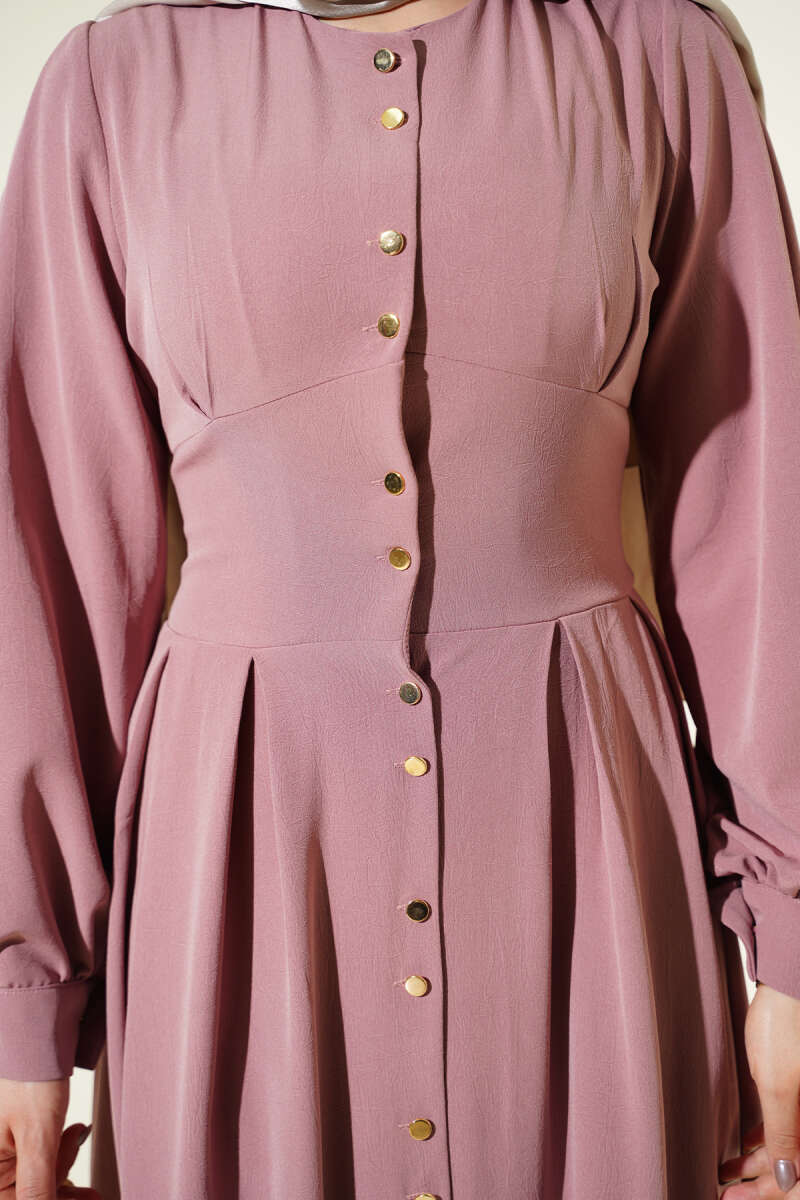 Button-Through Dart Dress with Gold Buttons - Dusty Rose
