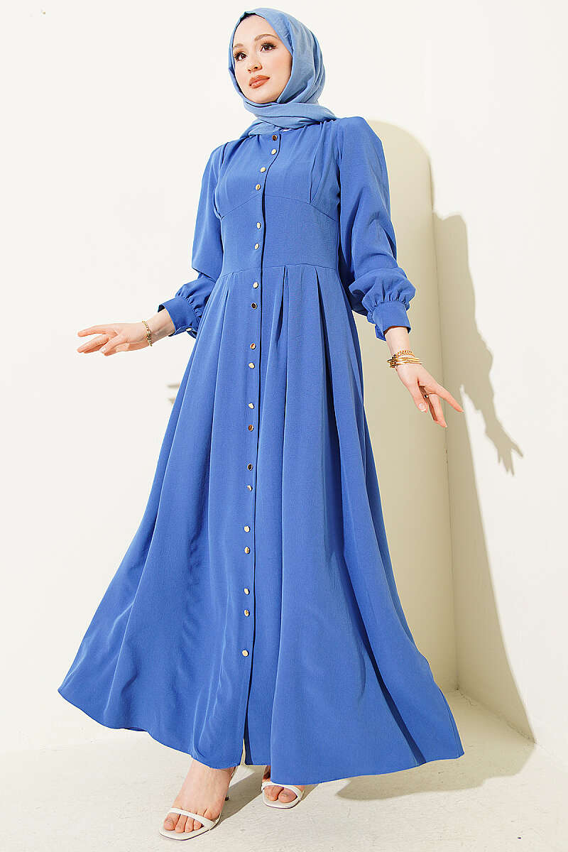 Button-Through Dart Dress with Gold Buttons - Indigo