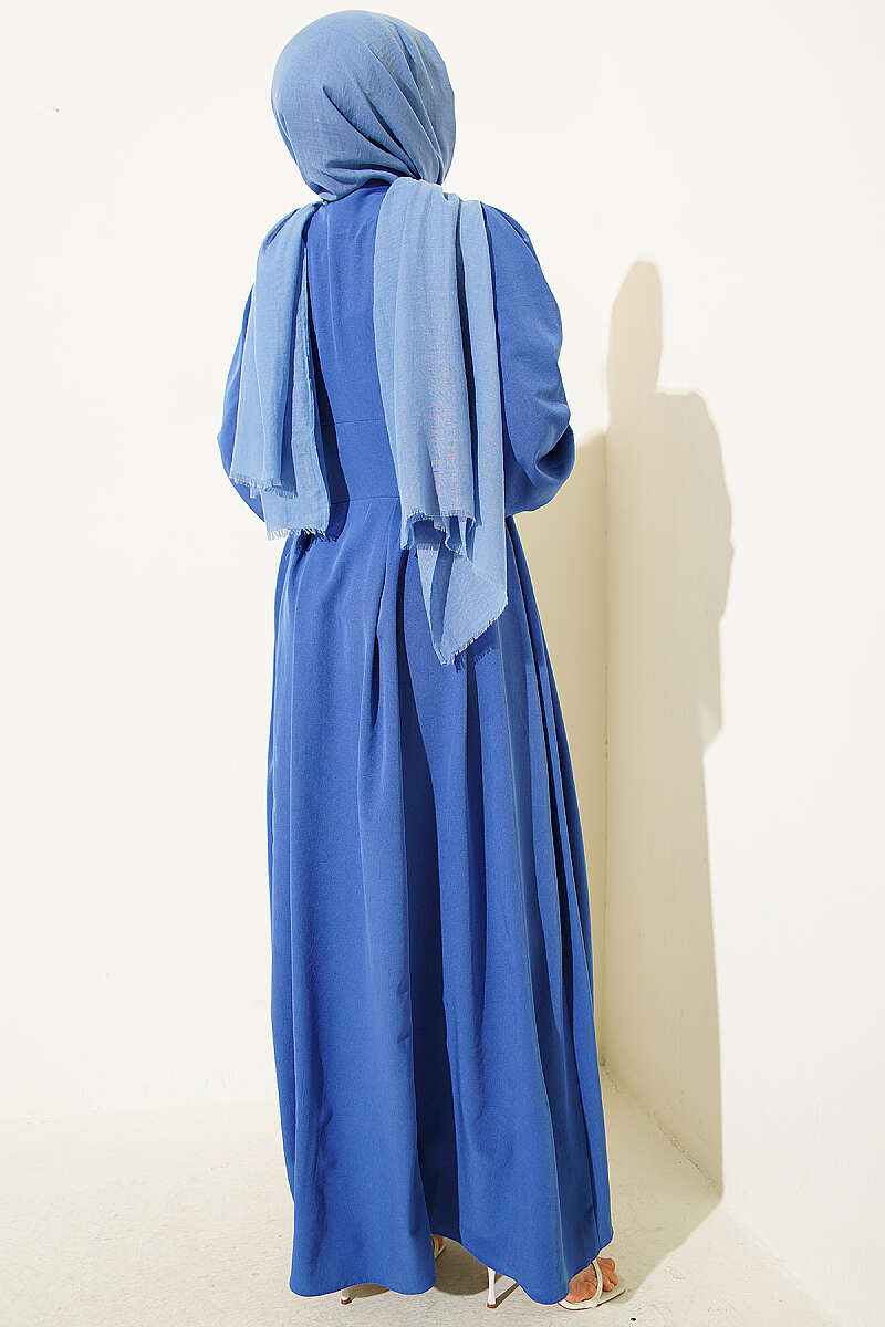 Button-Through Dart Dress with Gold Buttons - Indigo