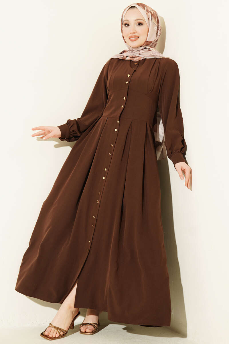 Button-Through Dart Dress with Gold Buttons - Brown