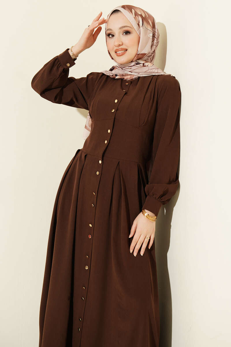 Button-Through Dart Dress with Gold Buttons - Brown
