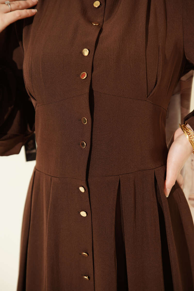 Button-Through Dart Dress with Gold Buttons - Brown