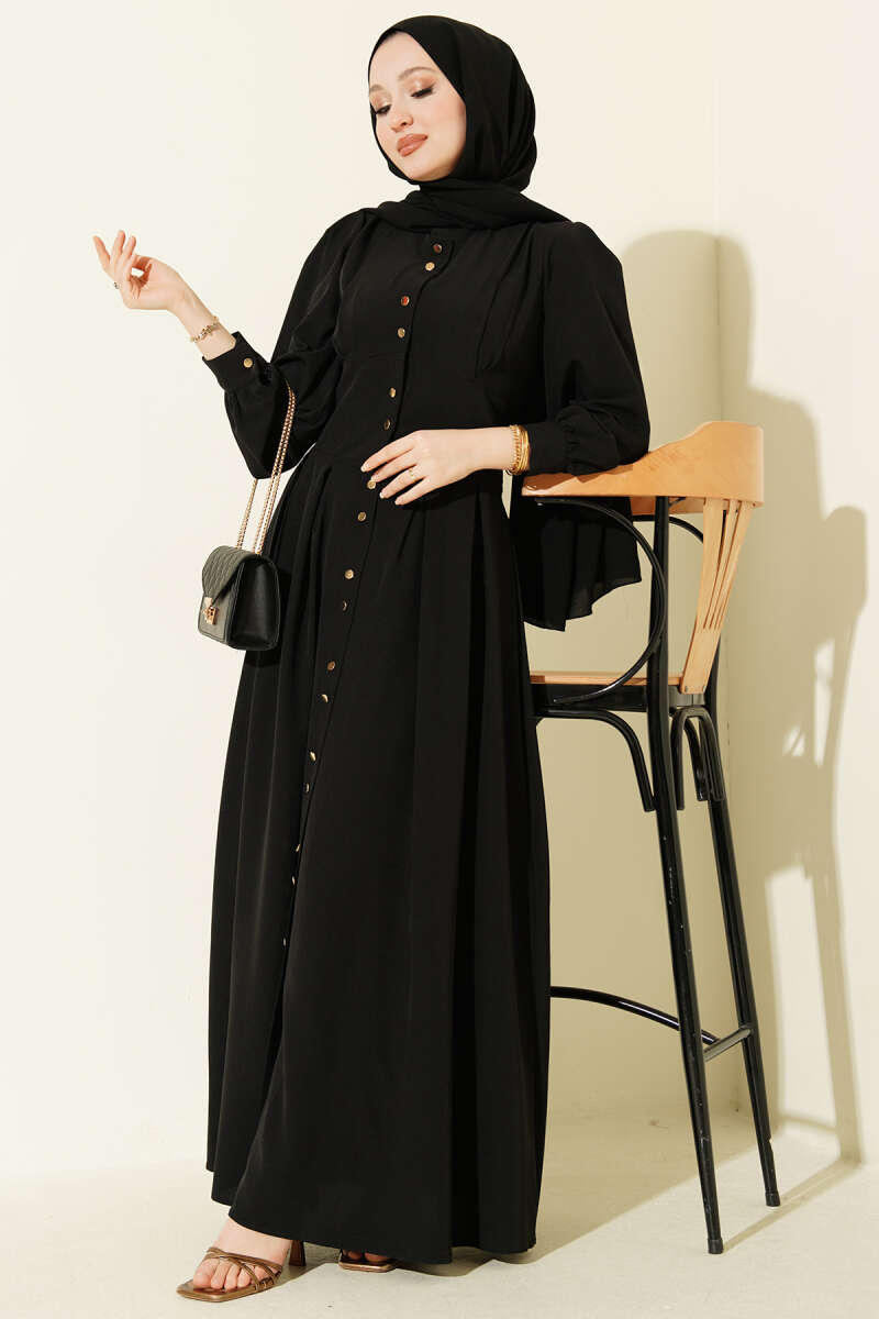Button-Through Dart Dress with Gold Buttons - Black