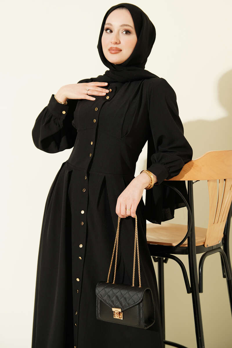 Button-Through Dart Dress with Gold Buttons - Black