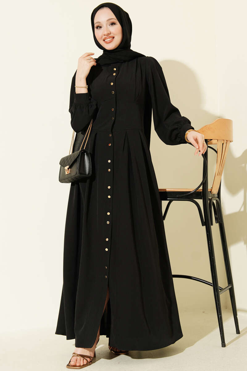 Button-Through Dart Dress with Gold Buttons - Black