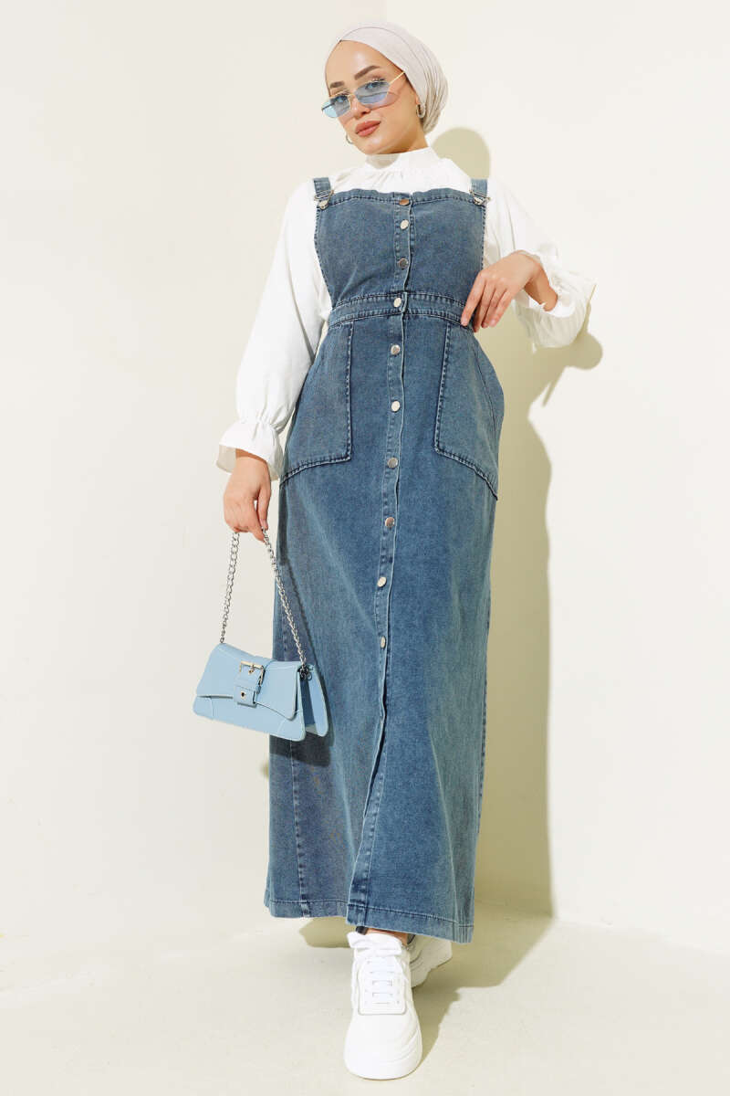 Button-Through Denim Dungarees with Metal Buttons - Classic Denim