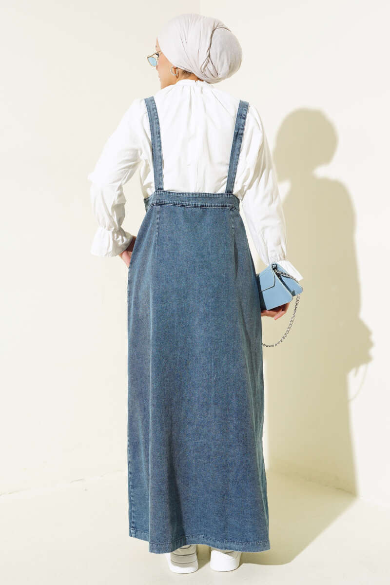 Button-Through Denim Dungarees with Metal Buttons - Classic Denim