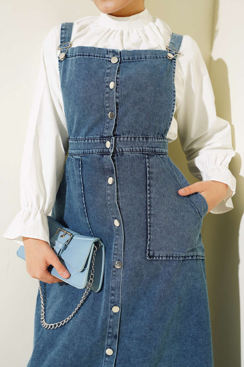 Button-Through Denim Dungarees with Metal Buttons - Classic Denim