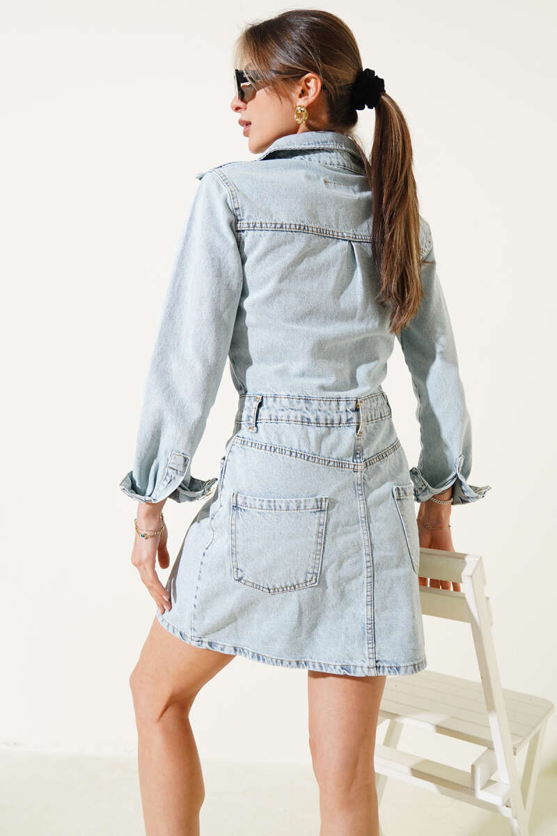 Button-Through Denim Mini Dress with Metal Buttons - Ice Blue