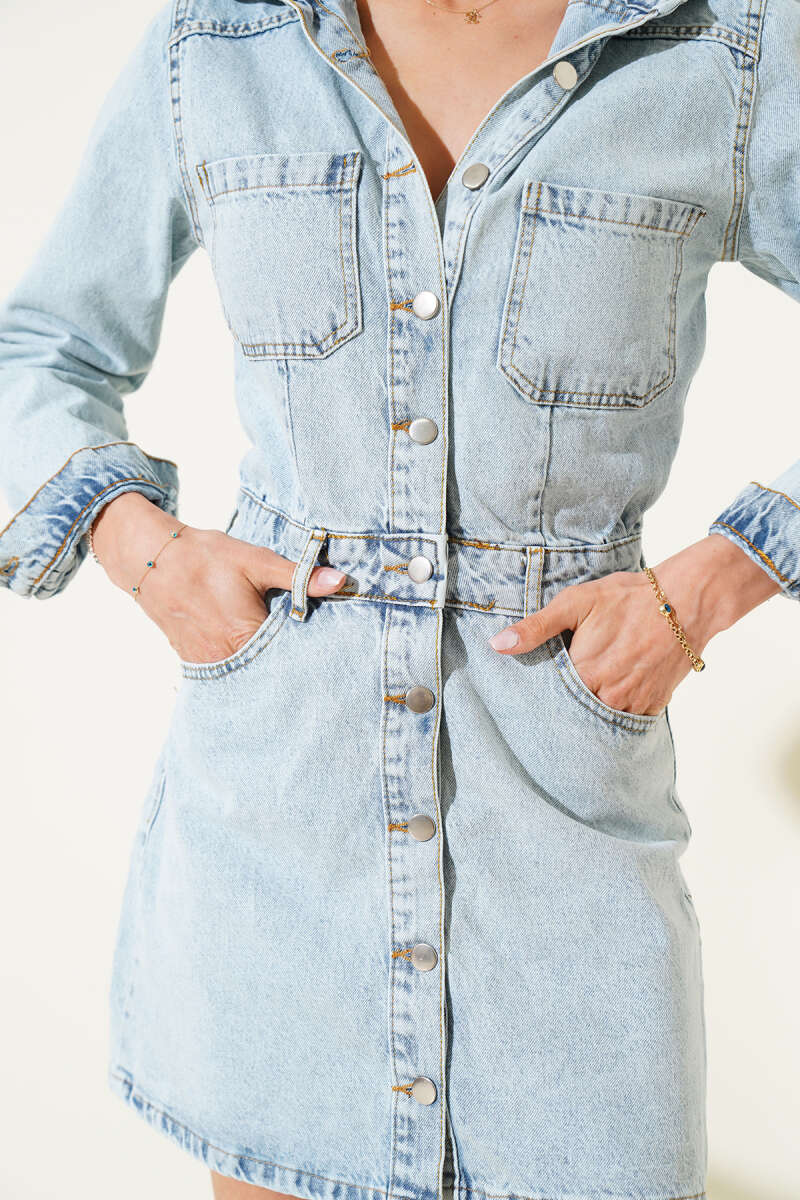 Button-Through Denim Mini Dress with Metal Buttons - Ice Blue