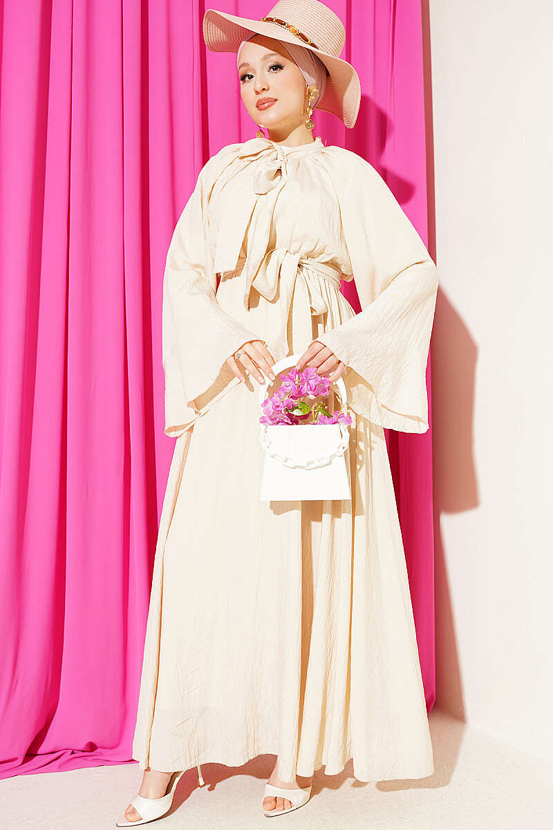 Dress with Neck Tie and Elastic Waist - Beige