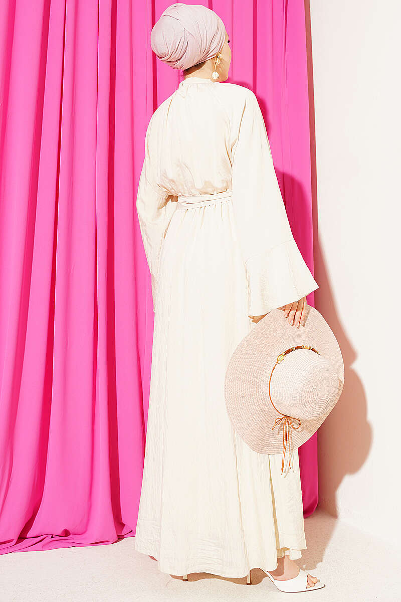 Dress with Neck Tie and Elastic Waist - Beige