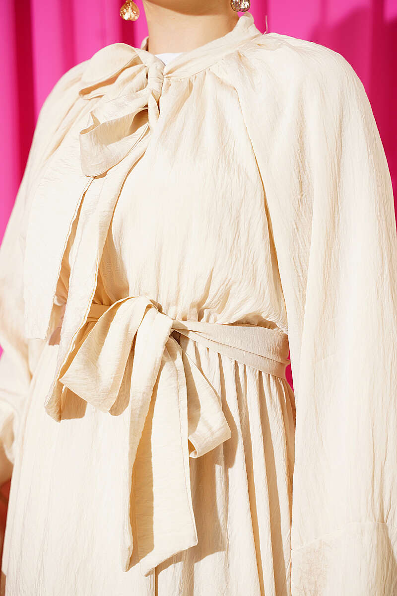 Dress with Neck Tie and Elastic Waist - Beige