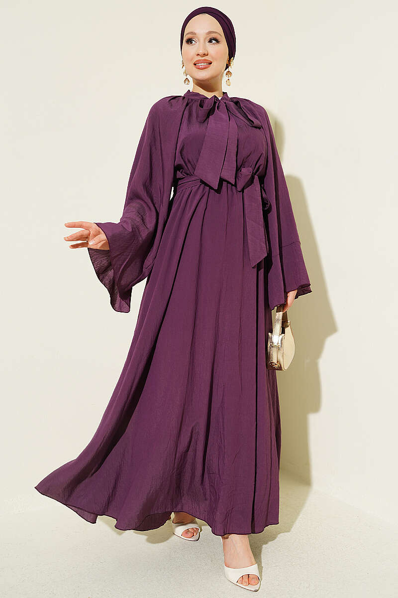 Dress with Neck Tie and Elastic Waist - Purple