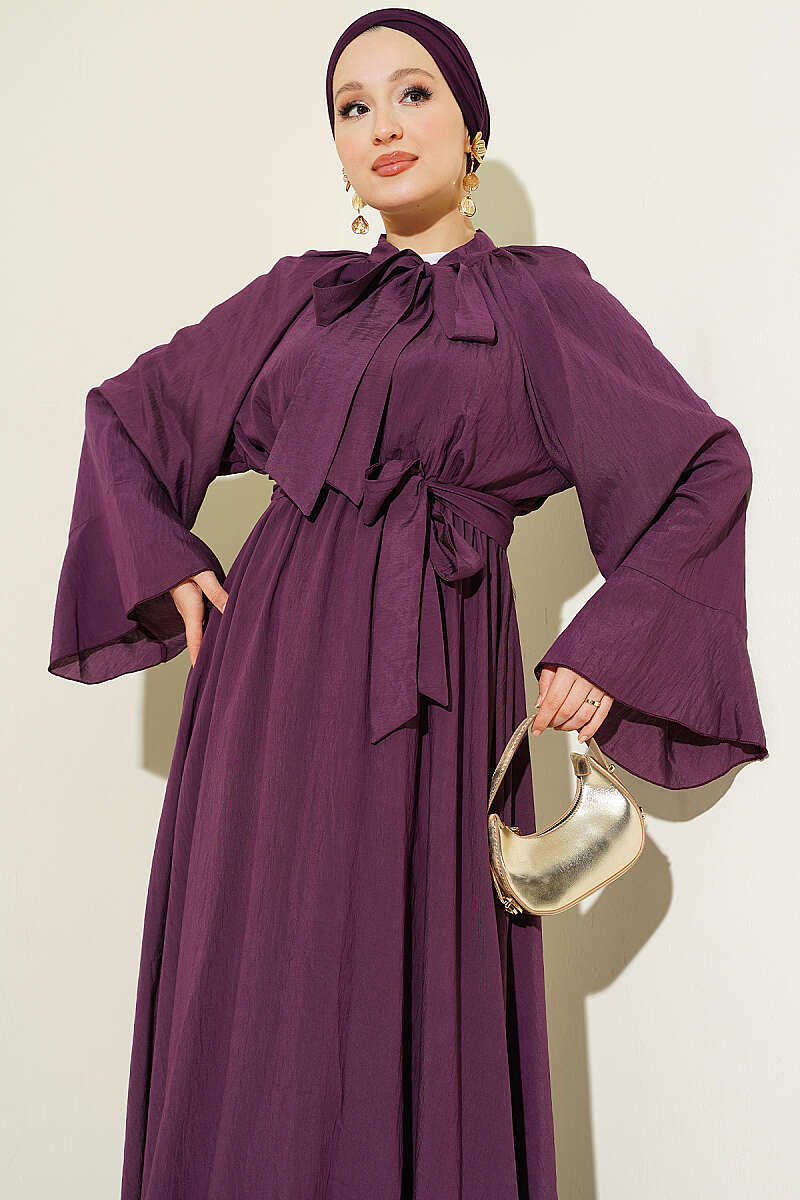 Dress with Neck Tie and Elastic Waist - Purple