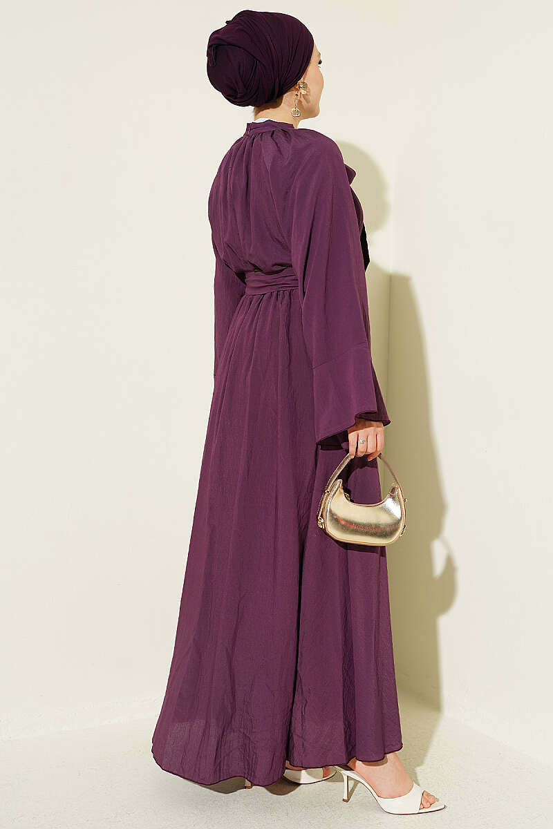 Dress with Neck Tie and Elastic Waist - Purple
