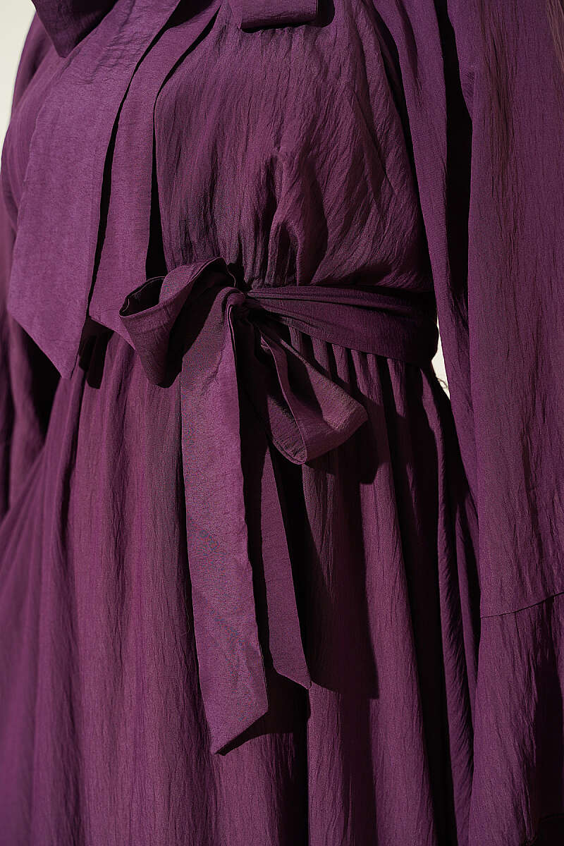 Dress with Neck Tie and Elastic Waist - Purple