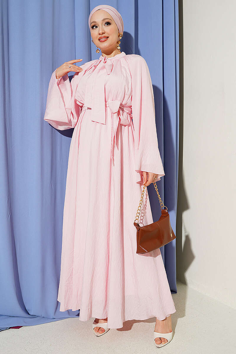 Dress with Neck Tie and Elastic Waist - Pink
