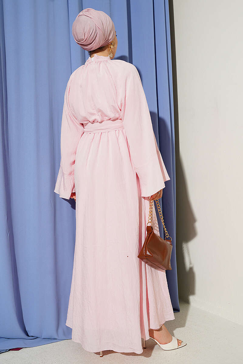 Dress with Neck Tie and Elastic Waist - Pink