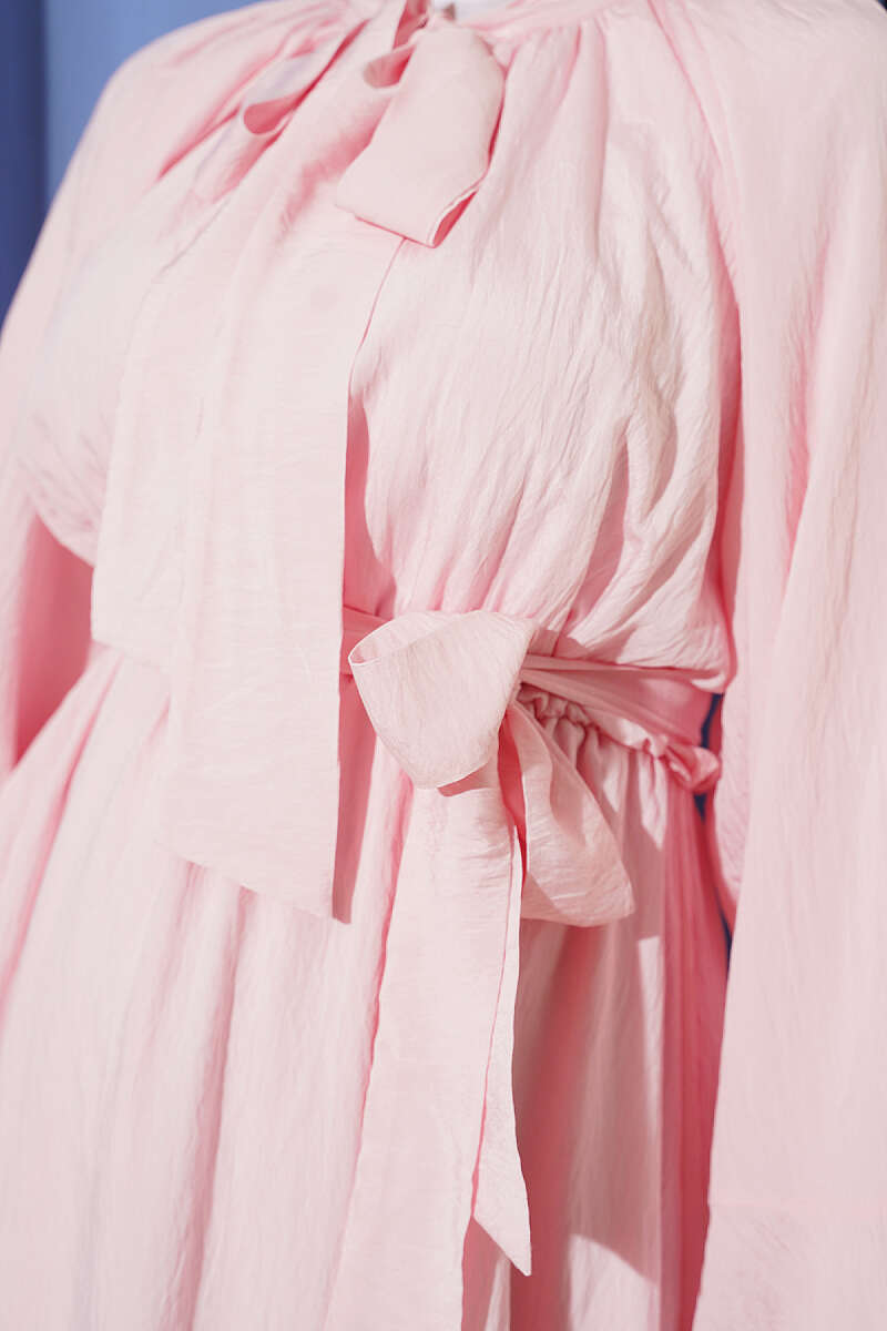 Dress with Neck Tie and Elastic Waist - Pink
