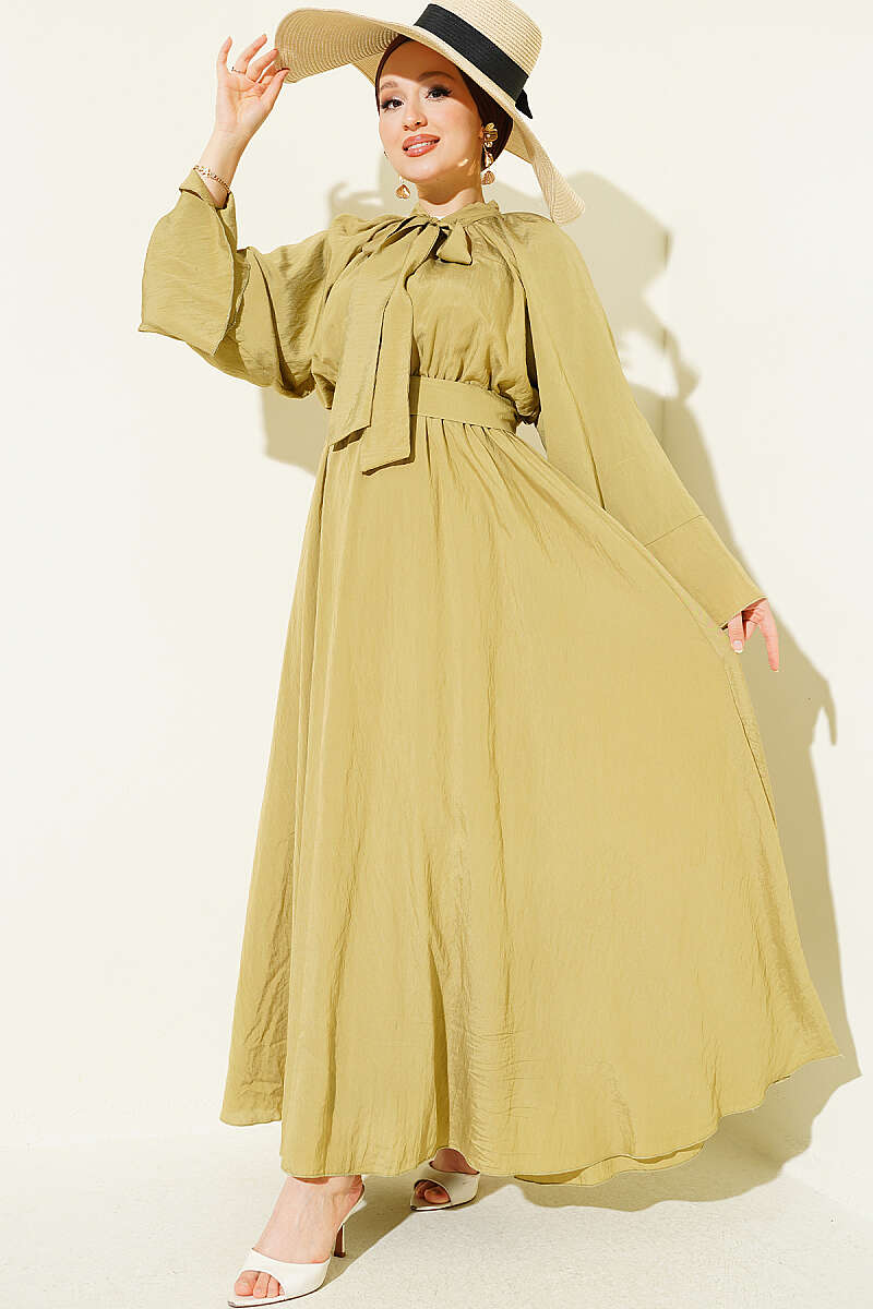 Dress with Neck Tie and Elastic Waist - Olive
