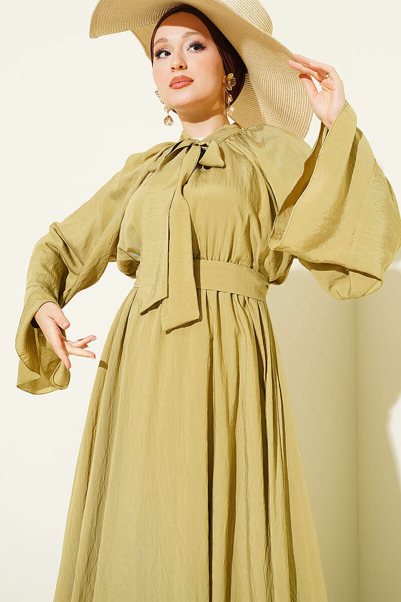 Dress with Neck Tie and Elastic Waist - Olive