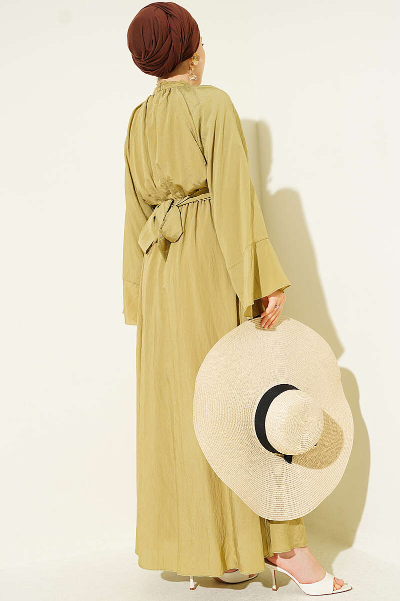 Dress with Neck Tie and Elastic Waist - Olive