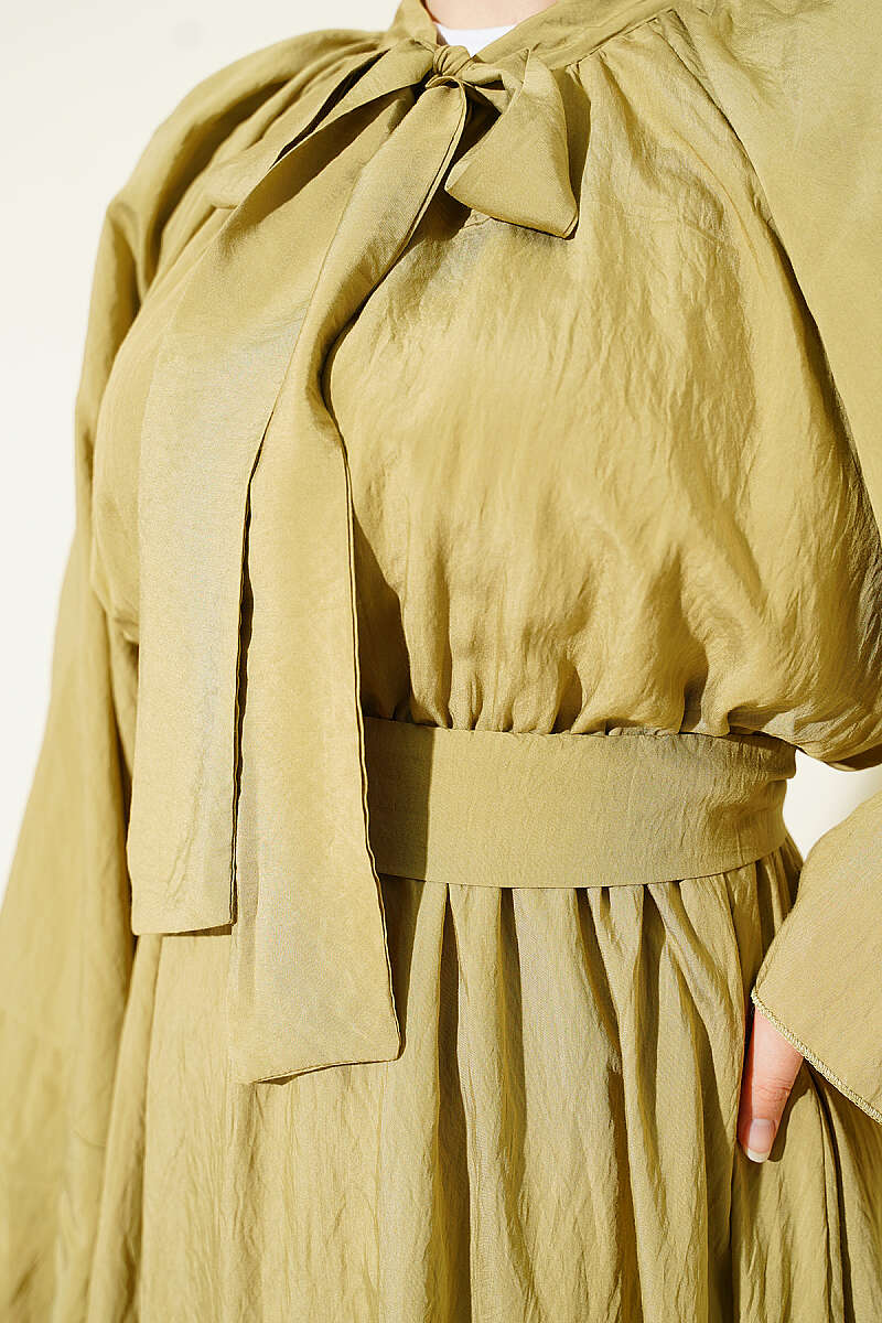 Dress with Neck Tie and Elastic Waist - Olive