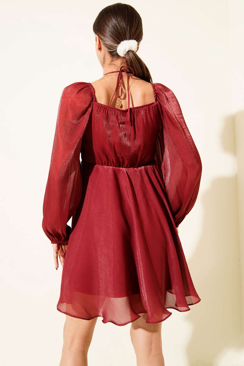 Shiny Chiffon Mini Dress with Halter Tie - Burgundy