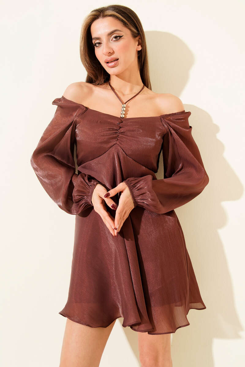 Shiny Chiffon Mini Dress with Halter Tie - Dusty Rose