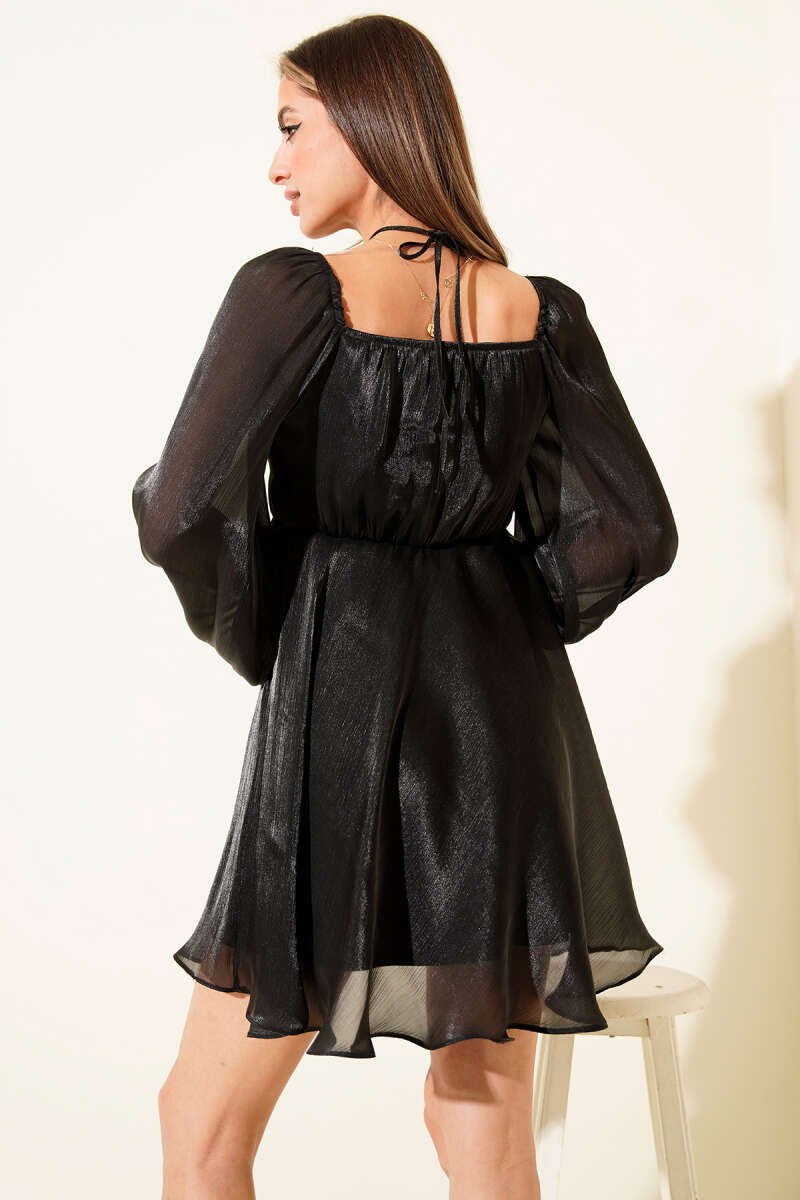 Shiny Chiffon Mini Dress with Halter Tie - Black