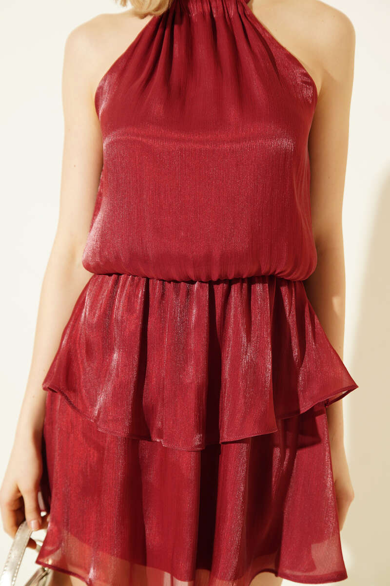 Halter-Tie Mini Dress with Elastic Waist - Burgundy
