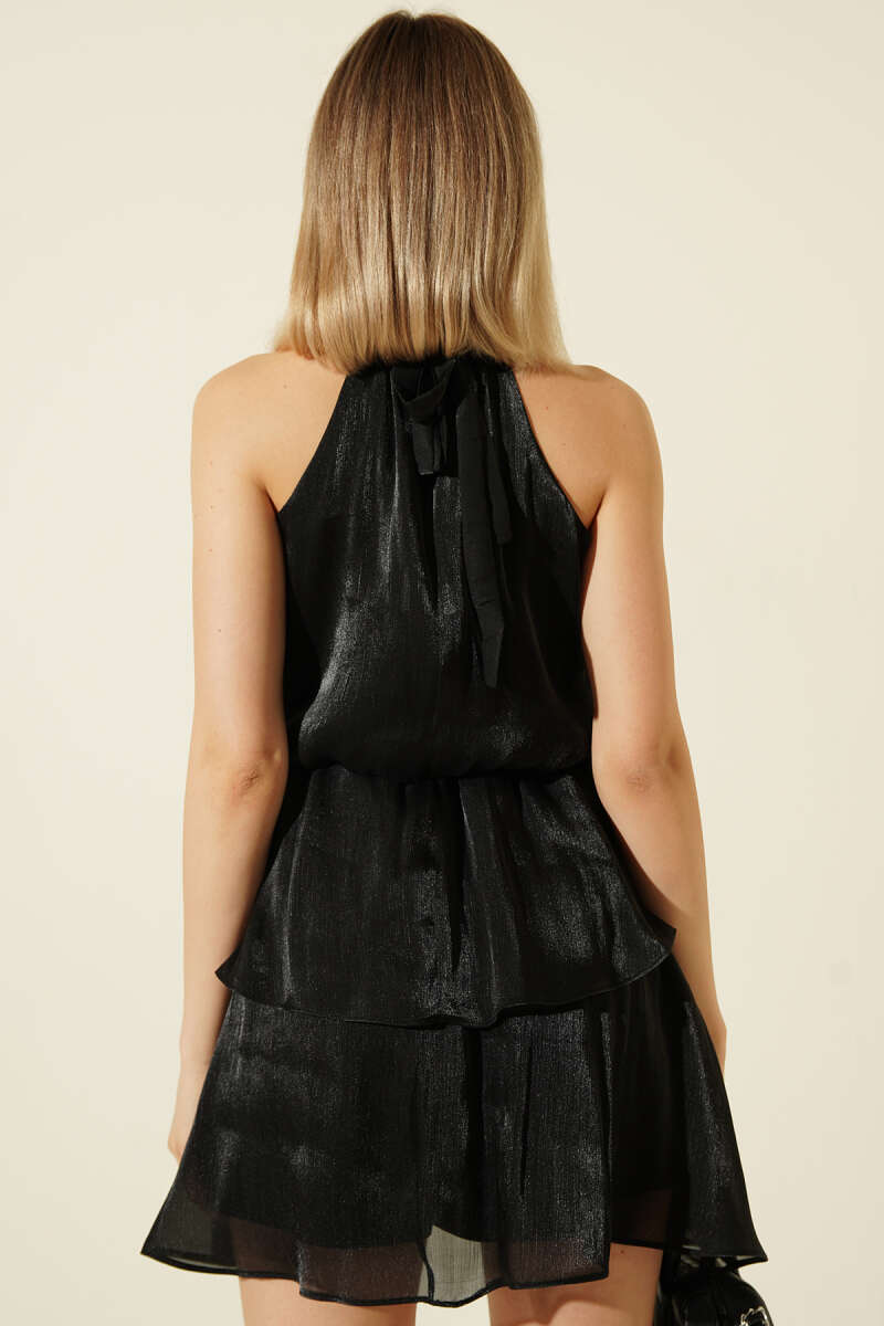 Halter-Tie Mini Dress with Elastic Waist - Black