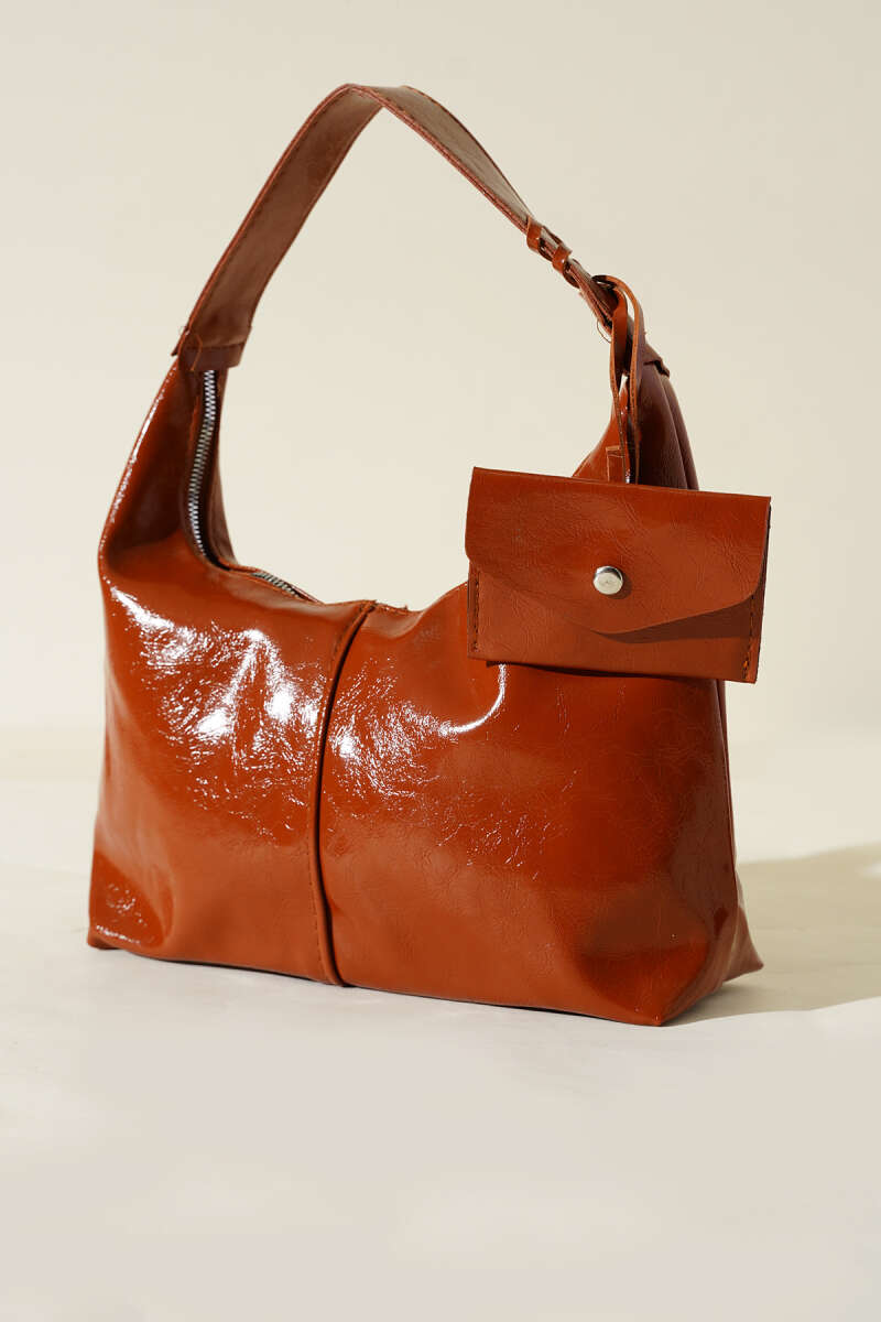 Patent Bag with Coin Purse - Tan