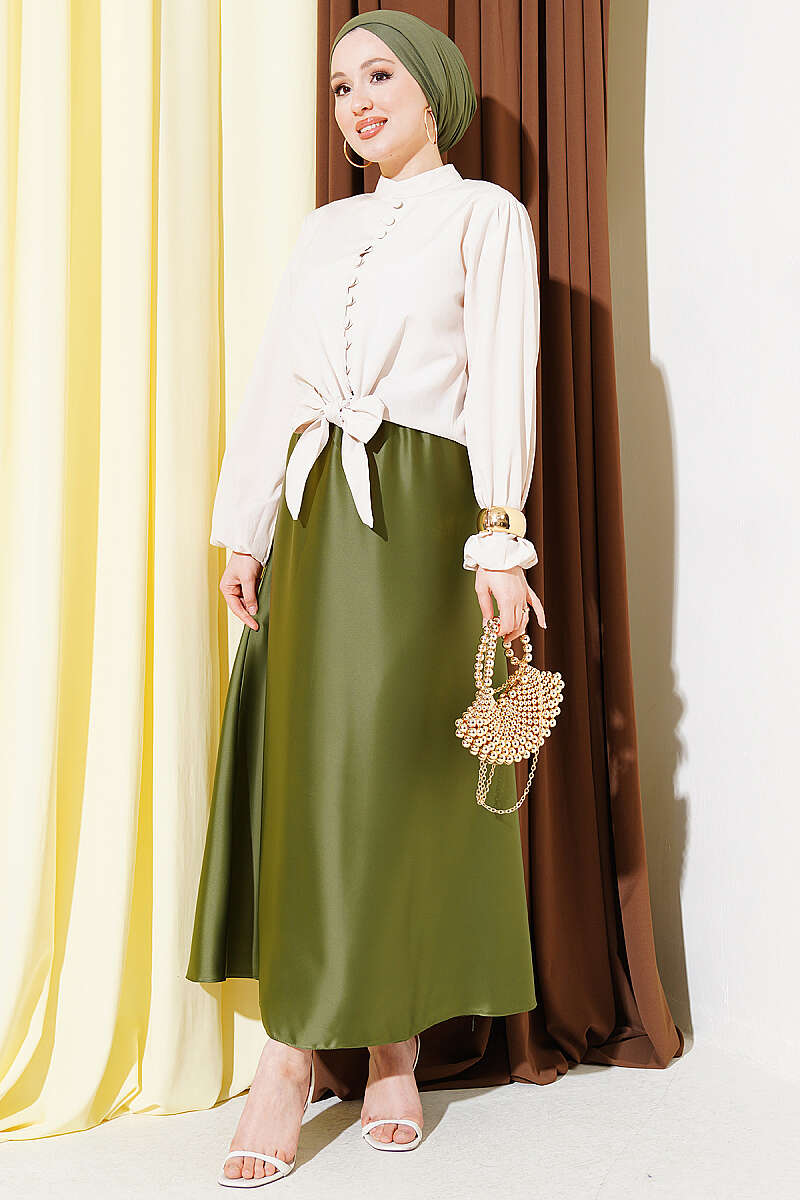 Short Tie Shirt with Rivet Buttons - Beige