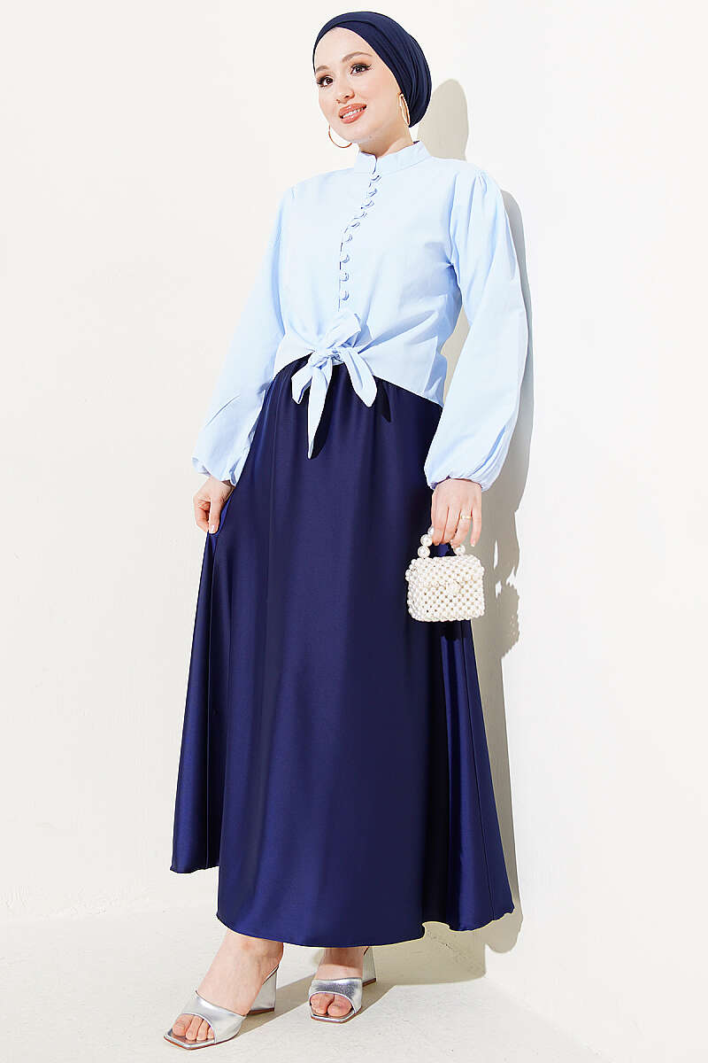 Short Tie Shirt with Rivet Buttons - Blue