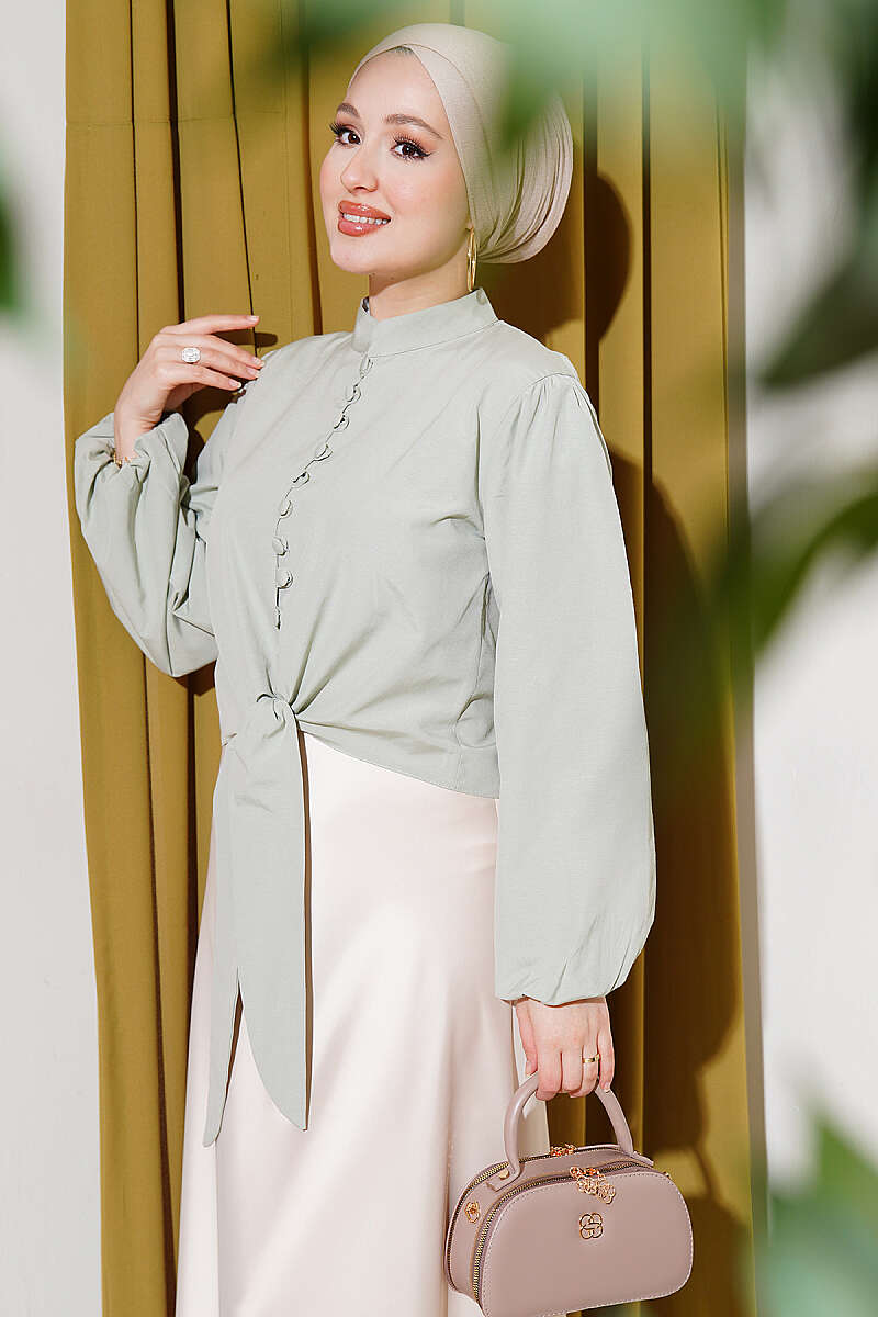 Short Tie Shirt with Rivet Buttons - Mint