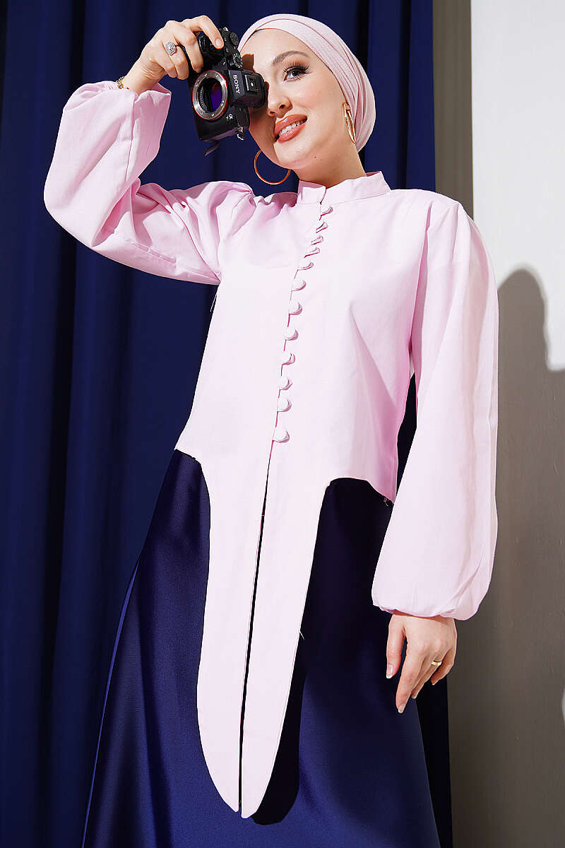 Short Tie Shirt with Rivet Buttons - Pink