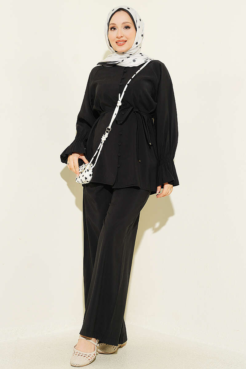 Tencel Two-Piece Set with Rivet Buttons and Elastic Cuffs - Black
